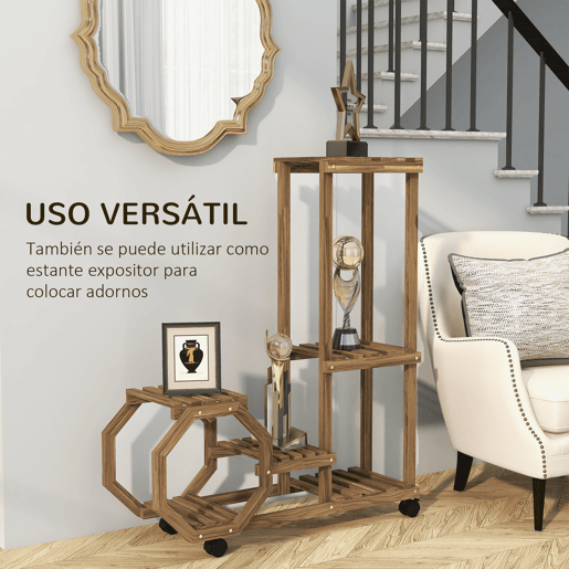 Outsunny Estante para Vasos de 5 Níveis Suporte para Vasos de Plantas de Madeira Suporte para Plantas com Rodas para Interior e Exterior 86x30x102 cm Marrom Carbonizado