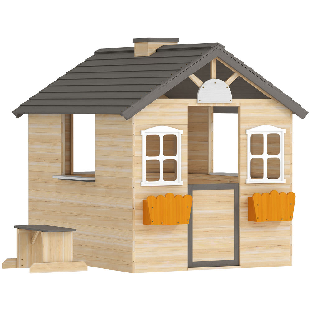 Outsunny casa de jardín infantil de madera casa de juegos exterior para niños de 3 -7 años con ventanas 2 jardineras y 1 banco 113x94x134,5 cm natural