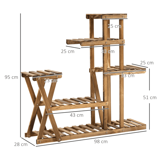 HOMCOM Suporte para Plantas Estante para Plantas de Madeira Estante para Flores com 5 Níveis Carga Máxima 60 kg para Interior Exterior 98x28x95 cm Madeira Carbonizada