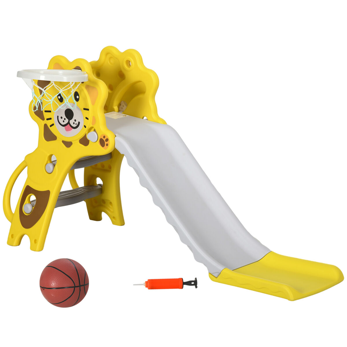 Aiyaplay tobogán infantil 3 en 1 tobogán para niños de 18 a 36 meses con 2 escaleras 1 canasta de baloncesto y patrón de animal para interior 131x50x74 cm amarillo y gris