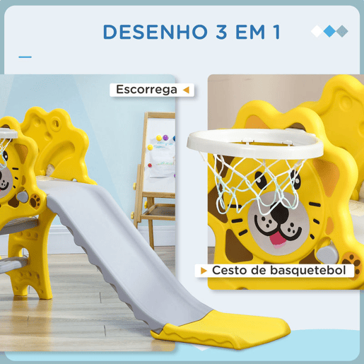 AIYAPLAY Escorrega para Crianças 2 em 1 Escorrega para Crianças de 18 a 36 Meses com 2 Degraus Cesta de Basquetebol e Desenho de Leão para Interior 131x50x74 cm Amarelo e Cinza