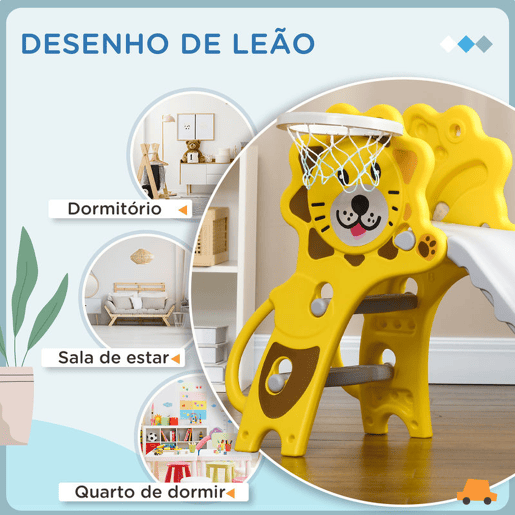AIYAPLAY Escorrega para Crianças 2 em 1 Escorrega para Crianças de 18 a 36 Meses com 2 Degraus Cesta de Basquetebol e Desenho de Leão para Interior 131x50x74 cm Amarelo e Cinza