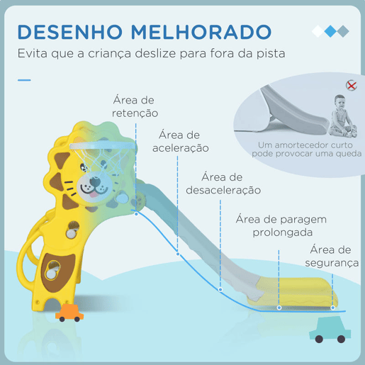 AIYAPLAY Escorrega para Crianças 2 em 1 Escorrega para Crianças de 18 a 36 Meses com 2 Degraus Cesta de Basquetebol e Desenho de Leão para Interior 131x50x74 cm Amarelo e Cinza