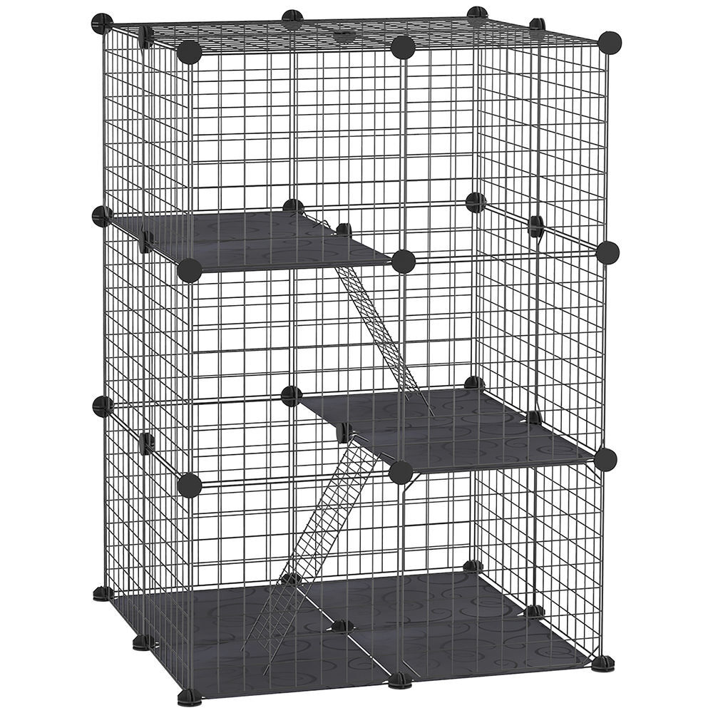 Pawhut jaula para animales pequeños de 38 paneles parque para mascotas forma personalizable valla metálica para cobayas conejos chinchillas 70x70x105 cm negro
