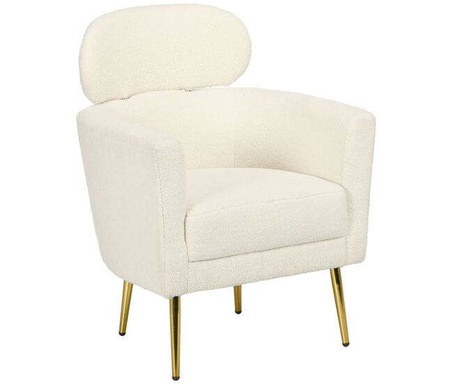 Homcom butaca de salón sillón individual silla de ocio tapizado en vellón con reposacabezas y patas de metal para dormitorio oficina habitación carga 125 kg crema