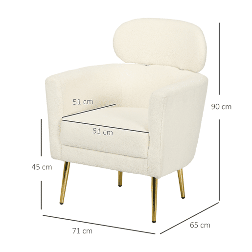 HOMCOM Poltrona Sala de Estar Individual Estofada com Apoio para a Cabeça e Pés de Metal para Dormitório Escritório Carga Máxima 125 kg 71x65x90 cm Creme