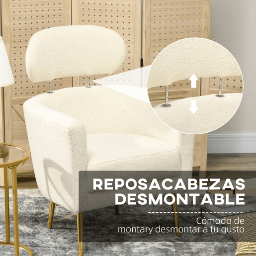 HOMCOM Poltrona Sala de Estar Individual Estofada com Apoio para a Cabeça e Pés de Metal para Dormitório Escritório Carga Máxima 125 kg 71x65x90 cm Creme