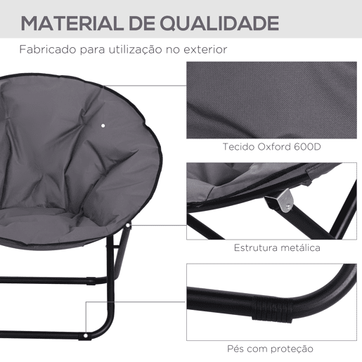 Outsunny Cadeira de Lua Cadeira Redonda de Lua com Assento de Tecido Oxford e Pés de Metal Carga Máxima 120 kg para Campismo Praia Varanda Pátio 80x80x75 cm Cinza