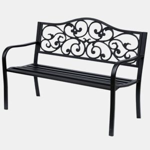 Outsunny Banco de Jardim de Aço Banco de Exterior com Encosto e Apoio para os Braços Carga Máxima 240 kg para Pátio Varanda 127x60x89 cm Preto