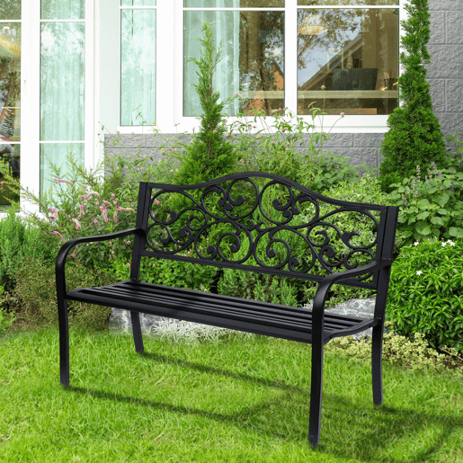Outsunny Banco de Jardim de Aço Banco de Exterior com Encosto e Apoio para os Braços Carga Máxima 240 kg para Pátio Varanda 127x60x89 cm Preto