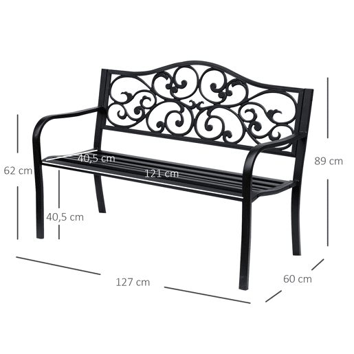 Outsunny Banco de Jardim de Aço Banco de Exterior com Encosto e Apoio para os Braços Carga Máxima 240 kg para Pátio Varanda 127x60x89 cm Preto