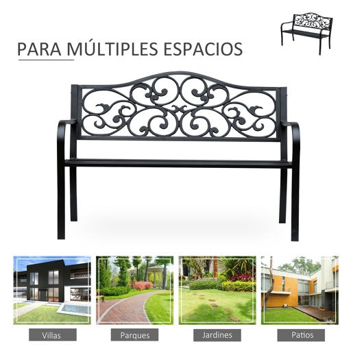 Outsunny Banco de Jardim de Aço Banco de Exterior com Encosto e Apoio para os Braços Carga Máxima 240 kg para Pátio Varanda 127x60x89 cm Preto