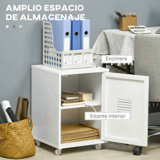Vinsetto Bloco de Gavetas de Escritório Móvel Arquivador com Rodas Prateleira Ajustável e Porta de Metal para Arquivos A4 para Estúdio 38x38,5x55,5 cm Branco