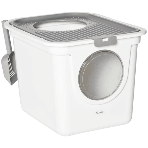 PawHut Caixa de Areia para Gatos com Pá Sanita para Animais de Estimação com 2 Portas Entrada Principal e Saída Superior 44x55x39 cm Branco e Cinza