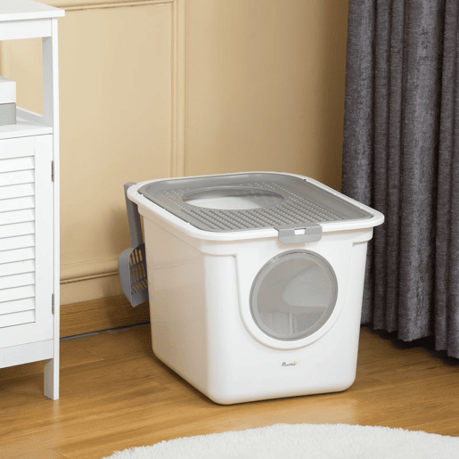 PawHut Caixa de Areia para Gatos com Pá Sanita para Animais de Estimação com 2 Portas Entrada Principal e Saída Superior 44x55x39 cm Branco e Cinza