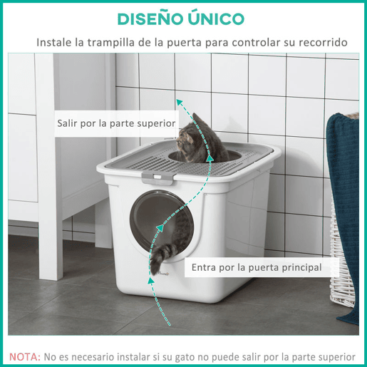 PawHut Caixa de Areia para Gatos com Pá Sanita para Animais de Estimação com 2 Portas Entrada Principal e Saída Superior 44x55x39 cm Branco e Cinza
