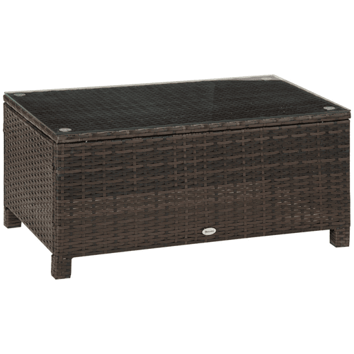 Outsunny Mesa de Centro Jardim de Vime Sintético Mesa de Apoio para Exterior com Vidro Temperado para Varanda Pátio 85x50x39 cm Marrom