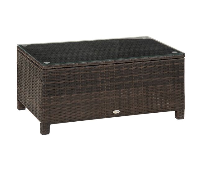 Outsunny mesa de jardín de ratán sintético mesita auxiliar con vidrio templado para terraza patio balcón 85x50x39 cm marrón