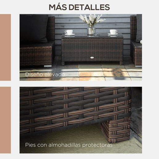 Outsunny Mesa de Centro Jardim de Vime Sintético Mesa de Apoio para Exterior com Vidro Temperado para Varanda Pátio 85x50x39 cm Marrom