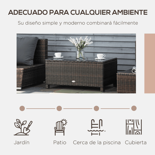 Outsunny Mesa de Centro Jardim de Vime Sintético Mesa de Apoio para Exterior com Vidro Temperado para Varanda Pátio 85x50x39 cm Marrom