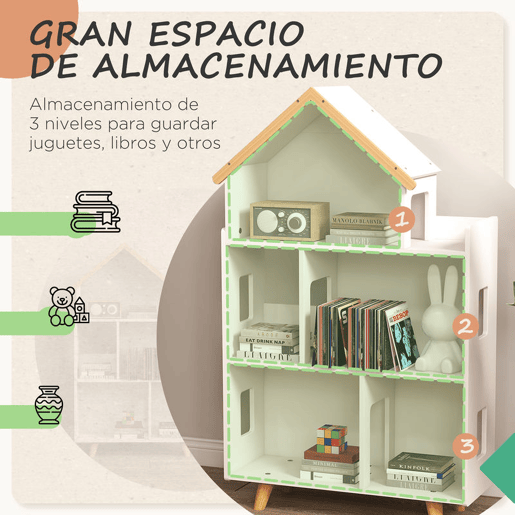 ZONEKIZ Estante para Crianças Organizador Infantil de 3 Níveis para Brinquedos Carga Máxima 50 kg para Sala de Jogos Dormitório Escola Infantil 65x25x108,5 cm Branco