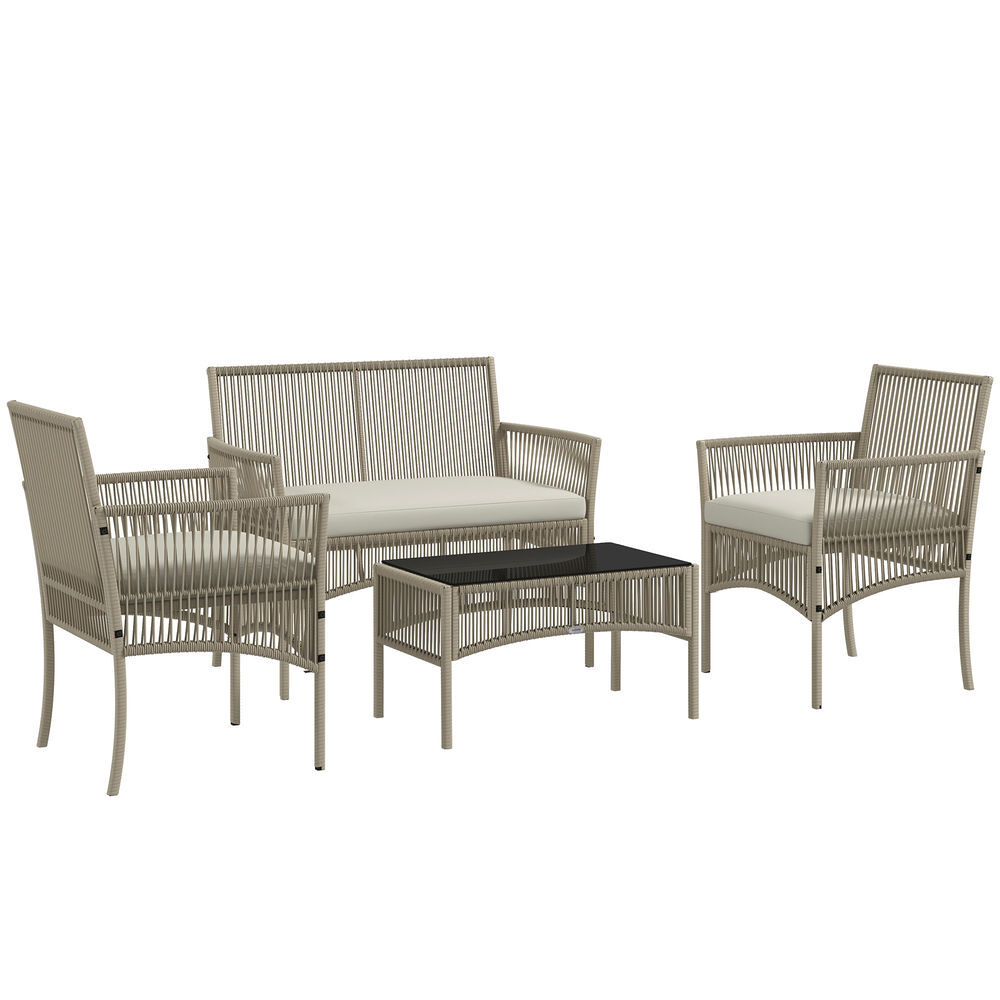 Outsunny conjunto jardín exterior de ratán, muebles jardín exterior para 4 piezas, muebles terraza con 1 sofá de 2 plazas, 2 sillones, cojines y 1 mesa de tablero de vidrio, para patio, caqui