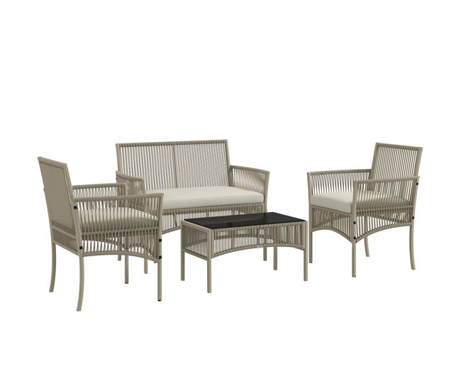 Outsunny conjunto jardín exterior de ratán, muebles jardín exterior para 4 piezas, muebles terraza con 1 sofá de 2 plazas, 2 sillones, cojines y 1 mesa de tablero de vidrio, para patio, caqui