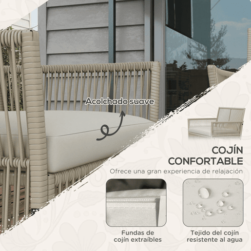 Outsunny Conjunto de Móveis de Jardim de Vime Conjunto de 4 Peças de Móveis de Varanda com 1 Sofá de 2 Lugares 2 Poltronas Almofadas e Mesa de Centro com Bancada de Vidro para Pátio Cáqui