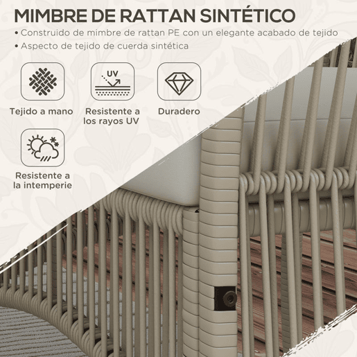 Outsunny Conjunto de Móveis de Jardim de Vime Conjunto de 4 Peças de Móveis de Varanda com 1 Sofá de 2 Lugares 2 Poltronas Almofadas e Mesa de Centro com Bancada de Vidro para Pátio Cáqui