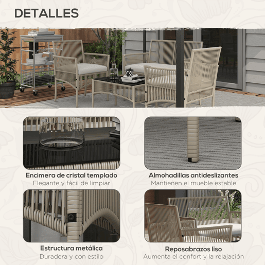Outsunny Conjunto de Móveis de Jardim de Vime Conjunto de 4 Peças de Móveis de Varanda com 1 Sofá de 2 Lugares 2 Poltronas Almofadas e Mesa de Centro com Bancada de Vidro para Pátio Cáqui