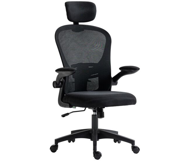Vinsetto silla de oficina de malla, silla de escritorio giratoria con función basculante, respaldo alto, reposacabezas ajustable, soporte lumbar 4d, brazo abatible, altura ajustable, negro