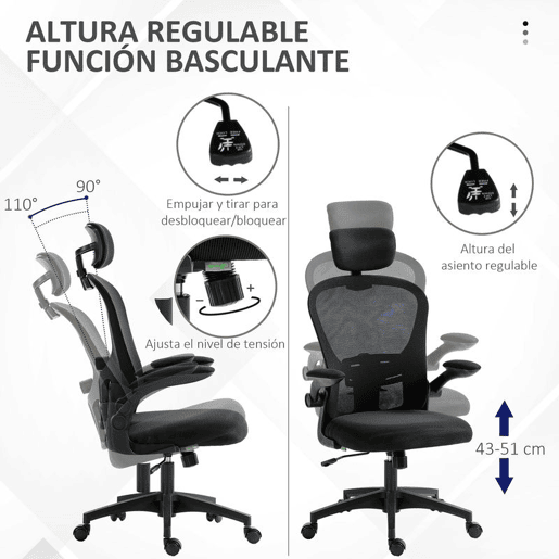 Vinsetto Cadeira de Escritório Basculante Cadeira de Escritório Giratória com Encosto Alto Apoio para a Cabeça Ajustável Suporte Lombar Apoio para os Braços Dobrável e Altura Ajustável Carga 120 kg 62x64x112-120 cm Preto