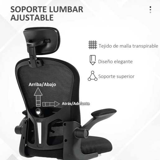 Vinsetto Cadeira de Escritório Basculante Cadeira de Escritório Giratória com Encosto Alto Apoio para a Cabeça Ajustável Suporte Lombar Apoio para os Braços Dobrável e Altura Ajustável Carga 120 kg 62x64x112-120 cm Preto