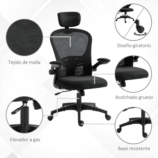 Vinsetto Cadeira de Escritório Basculante Cadeira de Escritório Giratória com Encosto Alto Apoio para a Cabeça Ajustável Suporte Lombar Apoio para os Braços Dobrável e Altura Ajustável Carga 120 kg 62x64x112-120 cm Preto