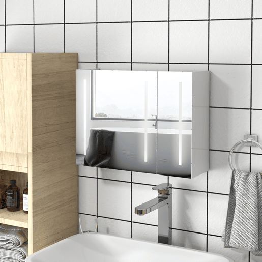 kleankin Armário Casa de Banho com Espelho e Luz LED Móvel Casa de Banho de Parede com 3 Portas Prateleiras Ajustáveis Interruptor Tátil 90x15x70 cm Branco Brilhante