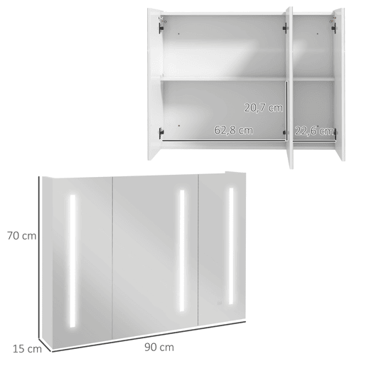 kleankin Armário Casa de Banho com Espelho e Luz LED Móvel Casa de Banho de Parede com 3 Portas Prateleiras Ajustáveis Interruptor Tátil 90x15x70 cm Branco Brilhante
