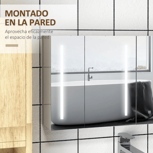 kleankin Armário Casa de Banho com Espelho e Luz LED Móvel Casa de Banho de Parede com 3 Portas Prateleiras Ajustáveis Interruptor Tátil 90x15x70 cm Branco Brilhante