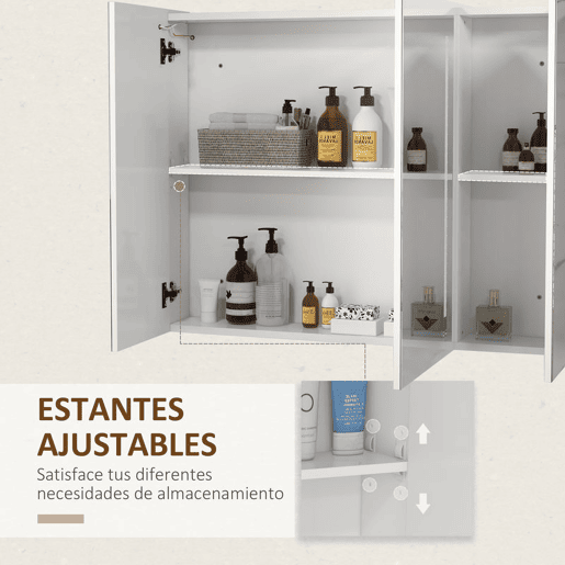kleankin Armário Casa de Banho com Espelho e Luz LED Móvel Casa de Banho de Parede com 3 Portas Prateleiras Ajustáveis Interruptor Tátil 90x15x70 cm Branco Brilhante