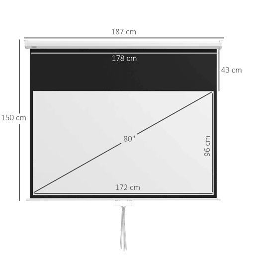 HOMCOM Ecrã de Projeção Manual 80'' Portátil Formato 16:9 com Altura Ajustável para Interior e Exterior, Cinema em Casa e Eventos Desportivos, 172x96 cm Branco