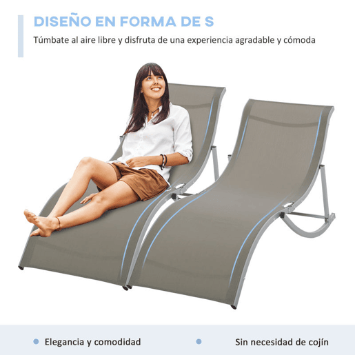 Outsunny Conjunto de 2 Espreguiçadeiras de Jardim em Forma de S com Estrutura de Aluminio e Textilene para Piscina Pátio Varanda 165x61x63 cm Cinza