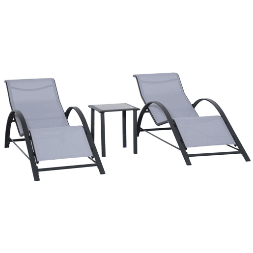 Outsunny Conjunto de 2 Espreguiçadeiras de Jardim 59x169x66 cm com Mesa 41x41x45 cm Vidro Temperado Apoio de Braços para Pátio Piscina Varanda Cinza