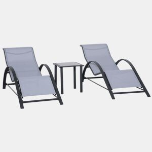 Outsunny Conjunto de 2 Espreguiçadeiras de Jardim 59x169x66 cm com Mesa 41x41x45 cm Vidro Temperado Apoio de Braços para Pátio Piscina Varanda Cinza