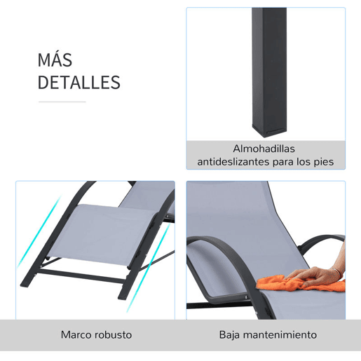 Outsunny Conjunto de 2 Espreguiçadeiras de Jardim 59x169x66 cm com Mesa 41x41x45 cm Vidro Temperado Apoio de Braços para Pátio Piscina Varanda Cinza