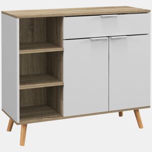 HOMCOM Aparador de Sala de Estar Aparador de Cozinha com 1 Gaveta 2 Portas de Fechamento Suave e Prateleiras Ajustáveis para Sala de Jantar Corredor Dormitório 95x35x85 cm Branco e Madeira