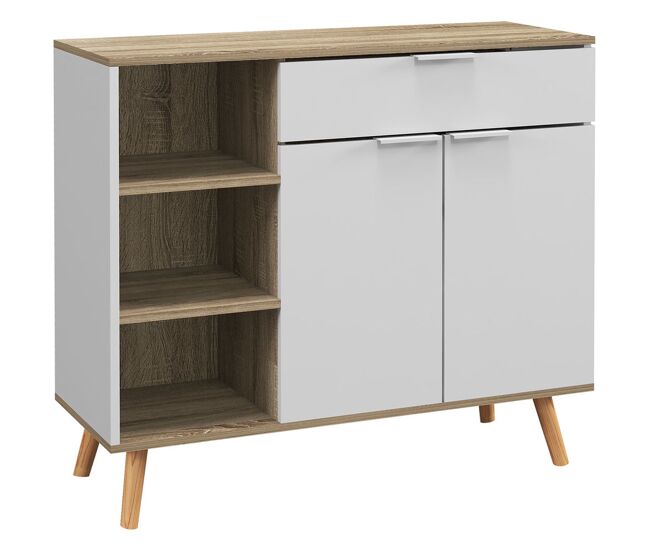 Homcom aparador de salón moderno aparador de cocina con 1 cajón 2 puertas de cierre suave y estantes ajustables para comedor pasillo dormitorio 95x35x85 cm blanco y natural