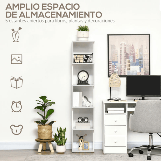 HOMCOM Estante de Livros em Forma de S Estante com 5 Prateleiras Abertas para Sala de Estar Escritório Estúdio Anti-Tombo Carga Máxima 100kg 33x28x161cm Branco e Cinza Claro