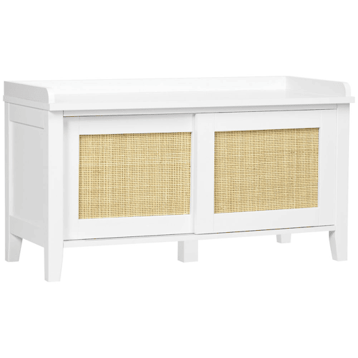 HOMCOM Banco Sapateira Móvel Sapateira com Banco 2 Portas de Vime Estilo Boémio Carga Máxima 130 kg para Corredor Entrada 80x35x45 cm Branco e Bege