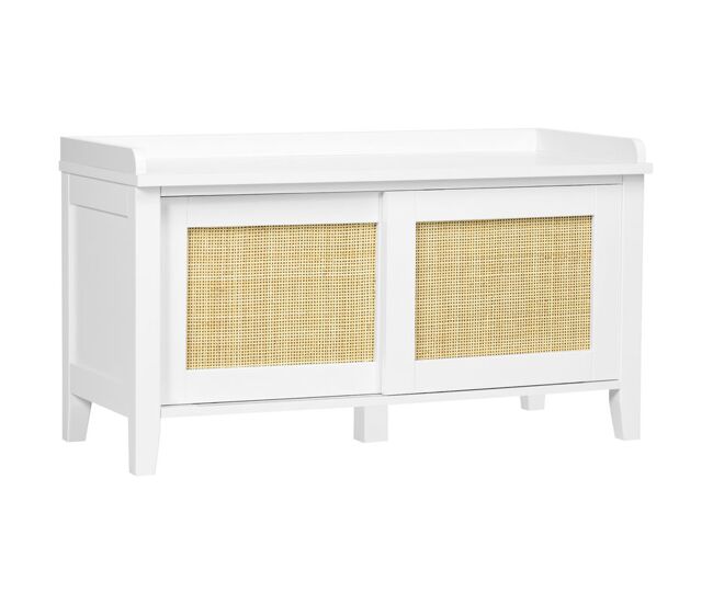 Homcom banco zapatero con asiento mueble zapatero con banco 2 puertas de ratán estilo bohemio carga 130 kg para pasillo entrada 80x35x45 cm blanco y natural