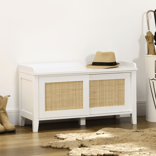 HOMCOM Banco Sapateira Móvel Sapateira com Banco 2 Portas de Vime Estilo Boémio Carga Máxima 130 kg para Corredor Entrada 80x35x45 cm Branco e Bege
