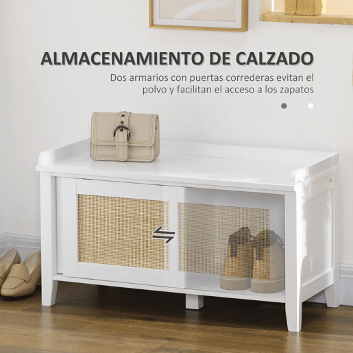 HOMCOM Banco Sapateira Móvel Sapateira com Banco 2 Portas de Vime Estilo Boémio Carga Máxima 130 kg para Corredor Entrada 80x35x45 cm Branco e Bege